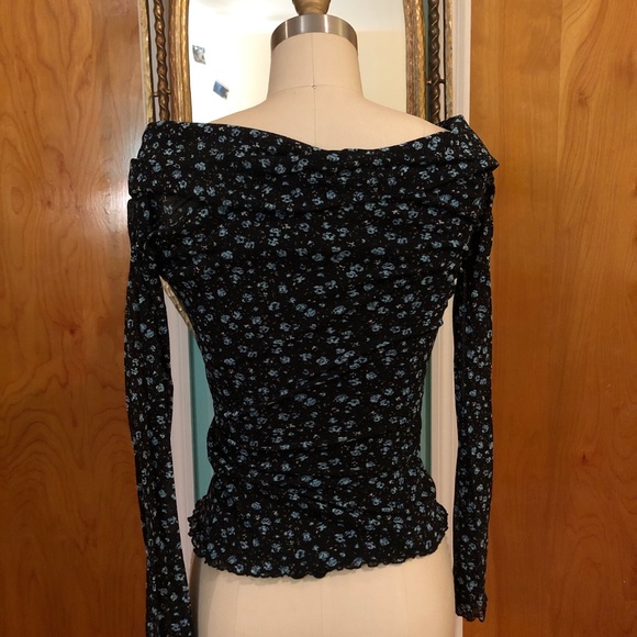 Vintage 90s black blue floral print mesh long sleeve top, size small/med - Picture 3 of 4